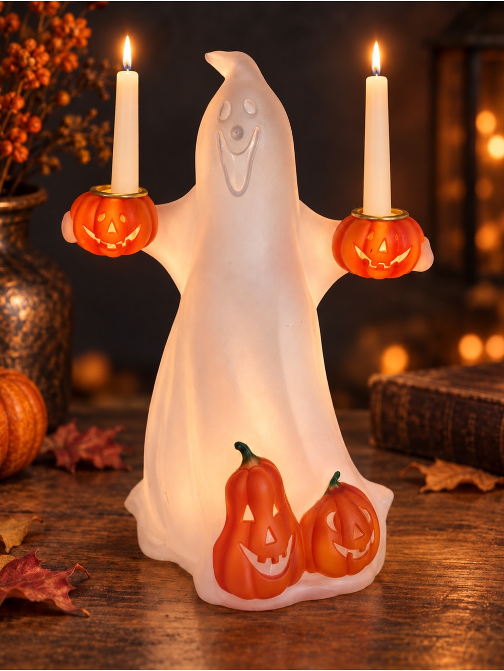 Vintage Glass Ghost Taper Candle Holder Jack O Lantern Halloween Decor Retro